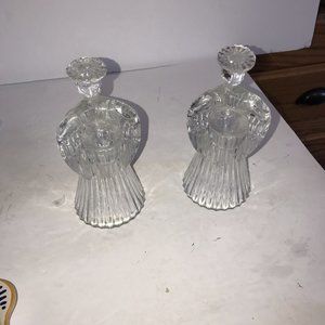 Pair Of Vintage Lead  Crystal Angels with Candle Holders and Halos